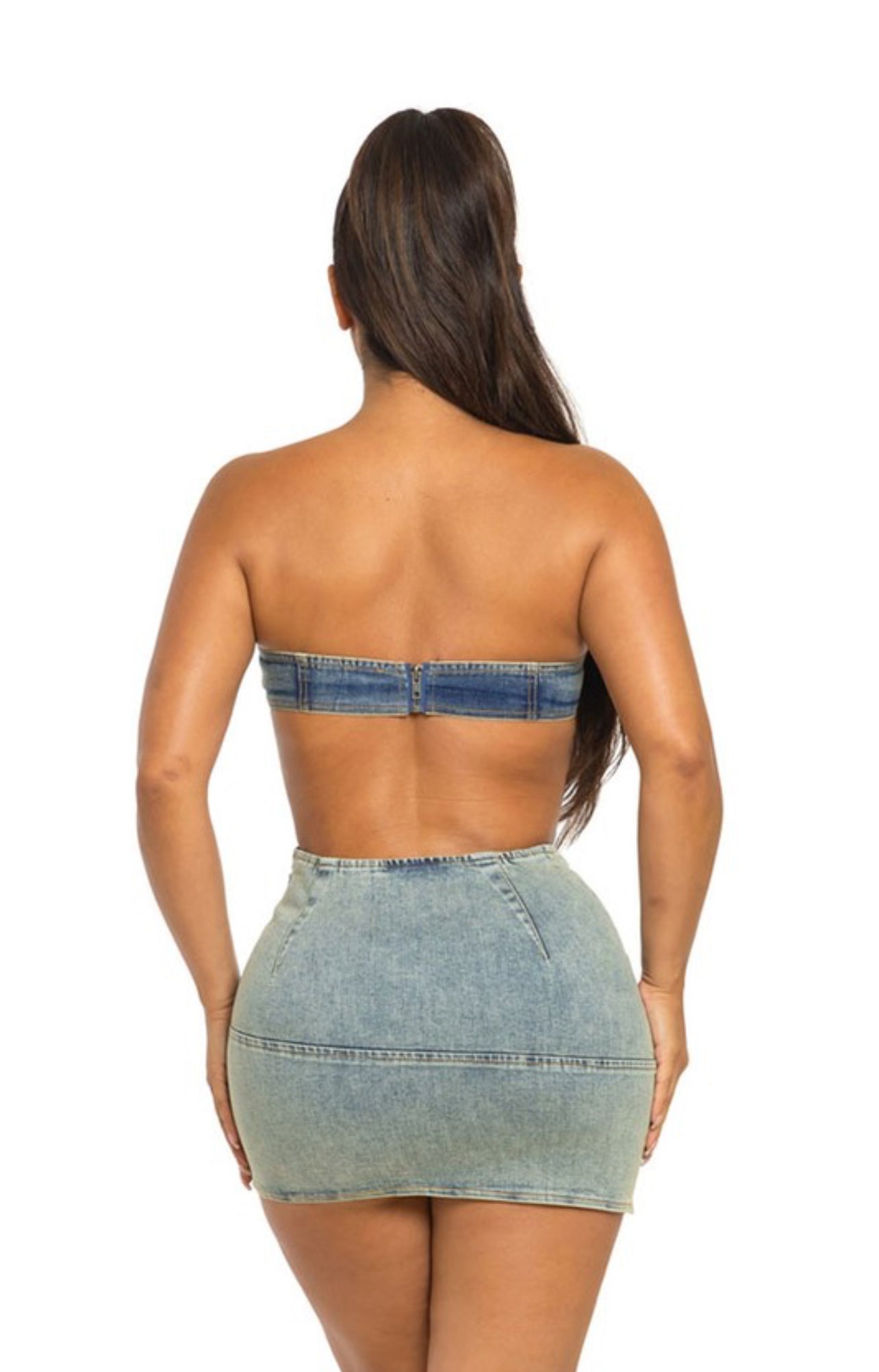 Denim bust girl mini skirt set