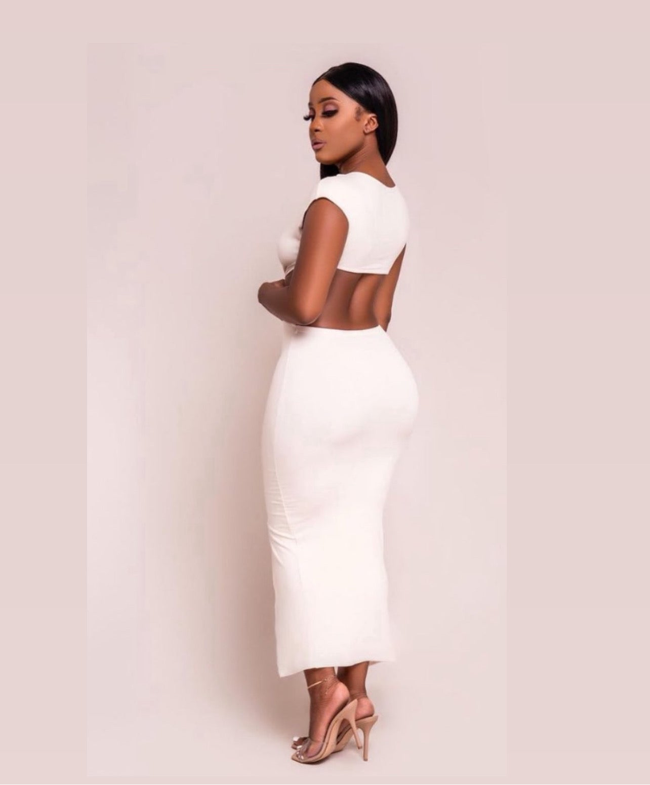 Deep V back-cutout midi dress