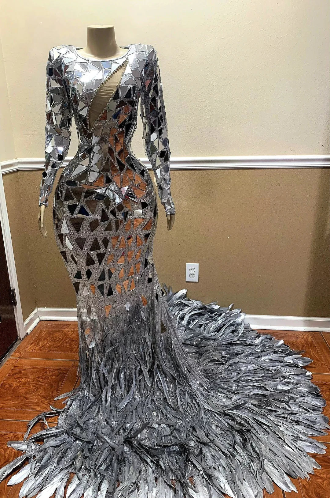 Glassquin mirror glam feathers gown