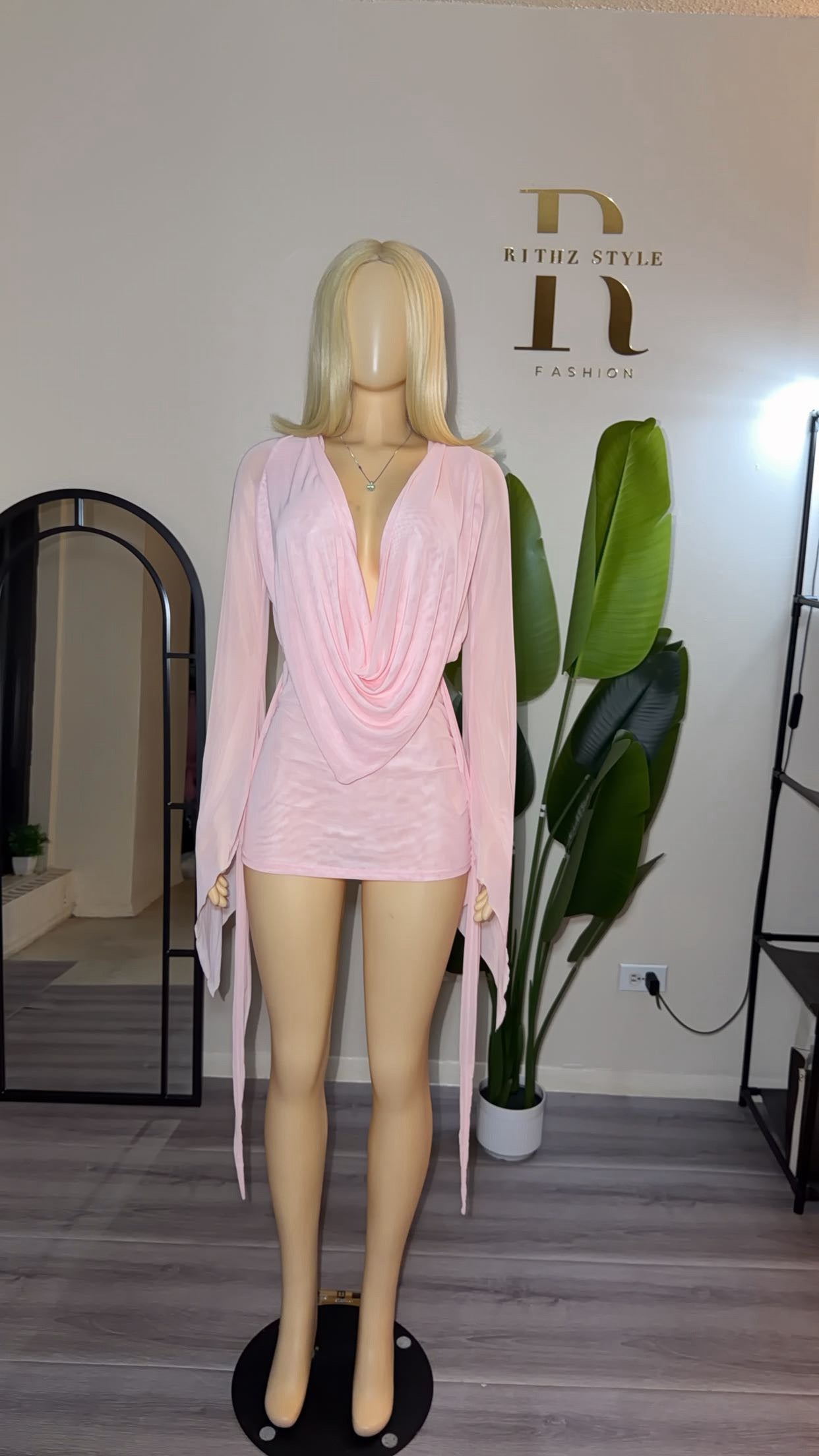 Aurori U deep plunge sheer mini dress