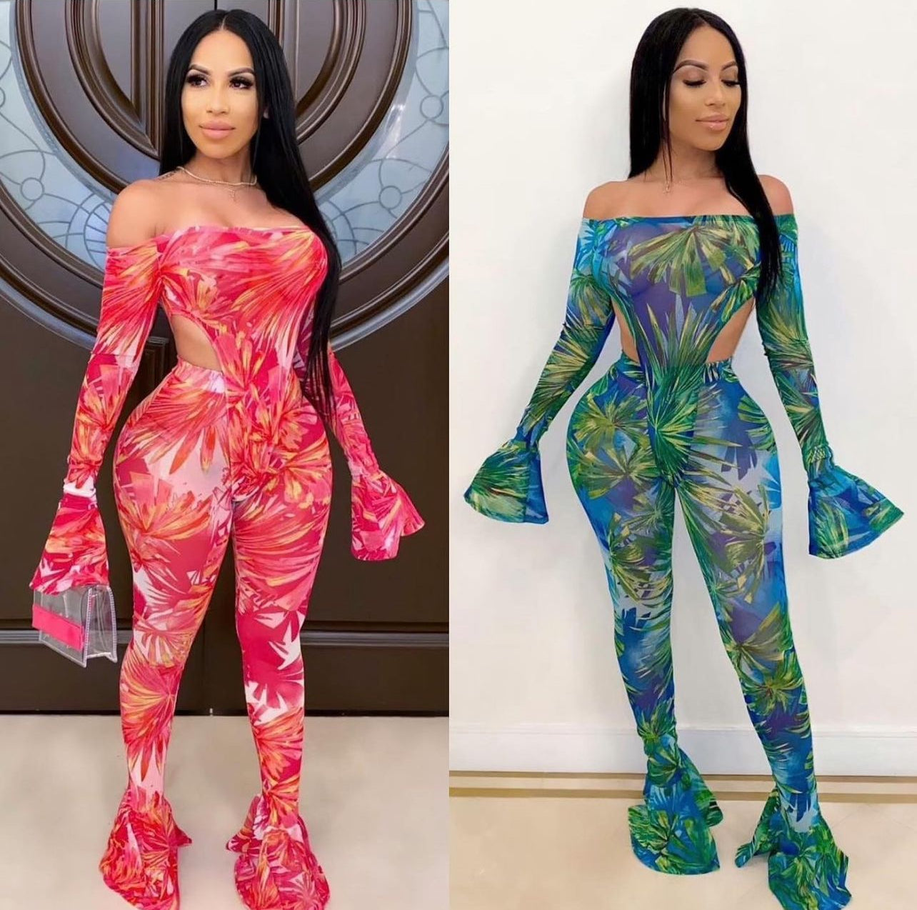 Tropical leaf flare pants set