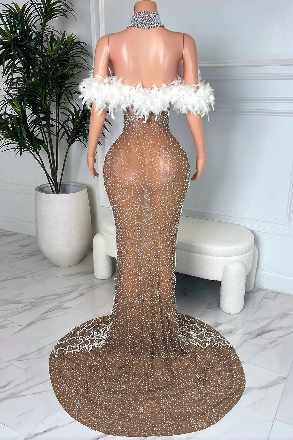 Pericalis droop feather shoulder gown