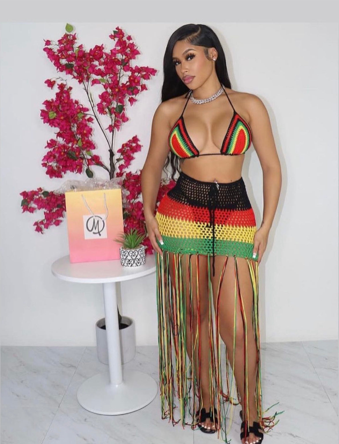Reggae crochet fringe skirt set