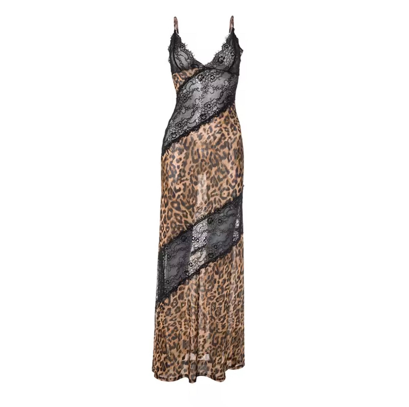 She’s cheetah lace sheer maxi dress