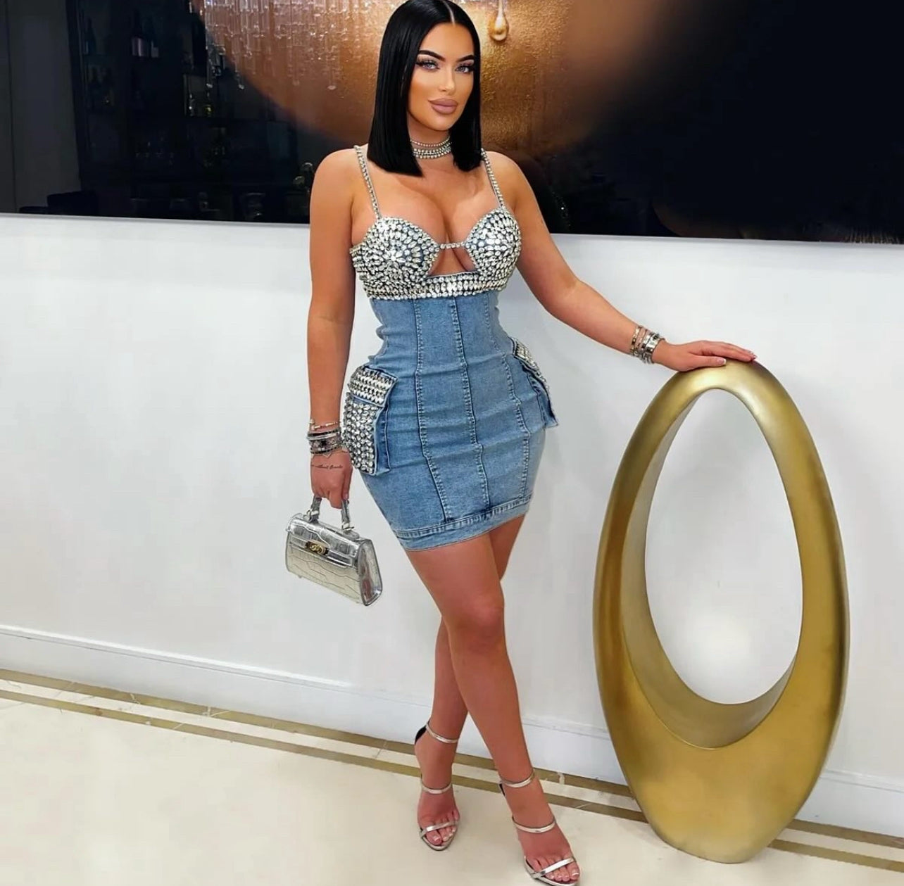 Glorissa jewl crystals denim dress