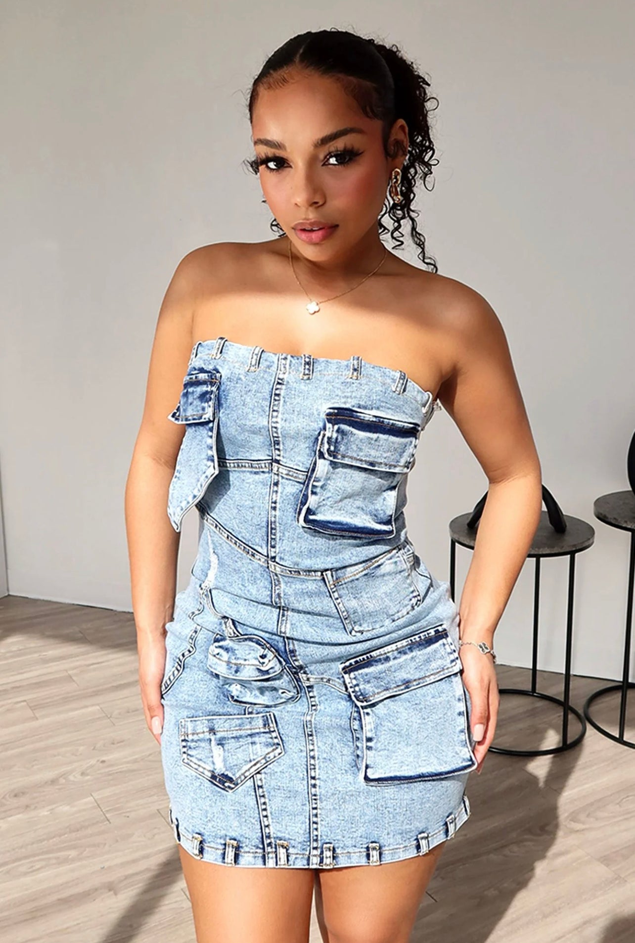 Hot pockets denim mini dress Rithz Styles Hot pockets denim mini dress Rithz Styles