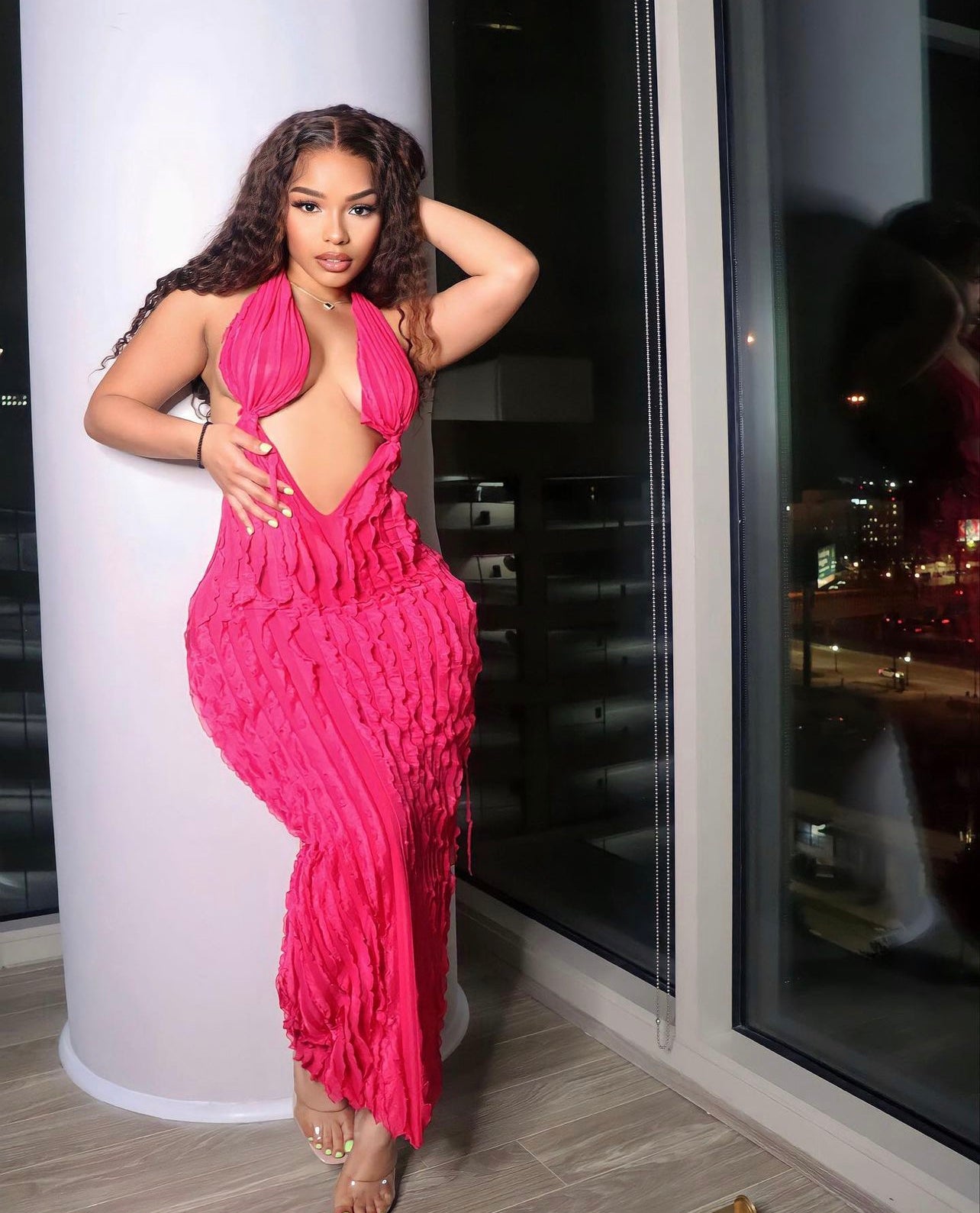 Deep plunge v ruffles long dress