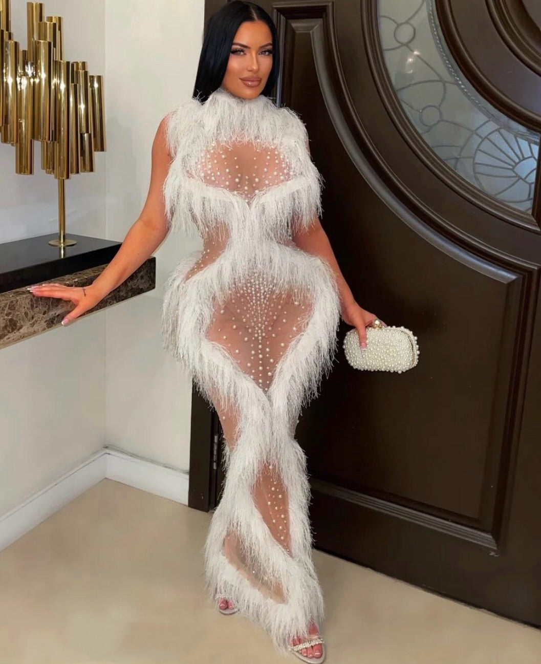 Gervinni frost fur pearls glam dress