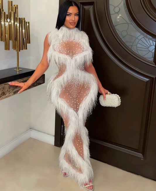 Gervinni frost fur pearls glam dress