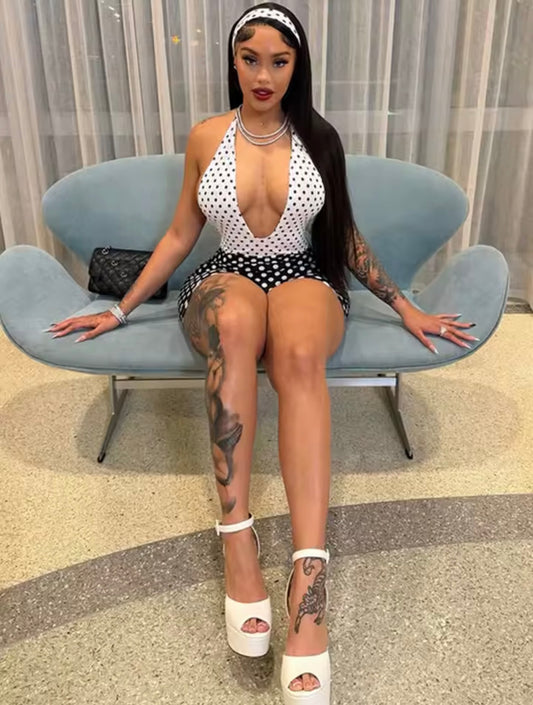 Ms. Polka dot shaded halter-back romper