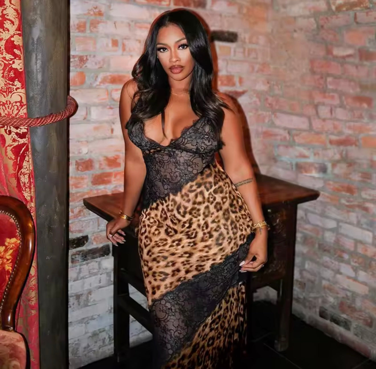 She’s cheetah lace sheer maxi dress