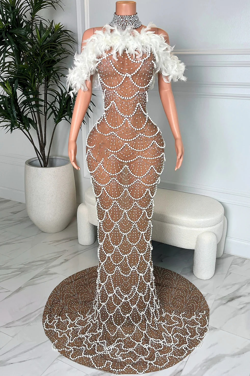 Pericalis droop feather shoulder gown