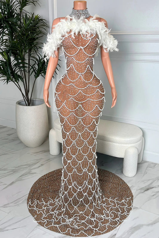 Pericalis droop feather shoulder gown