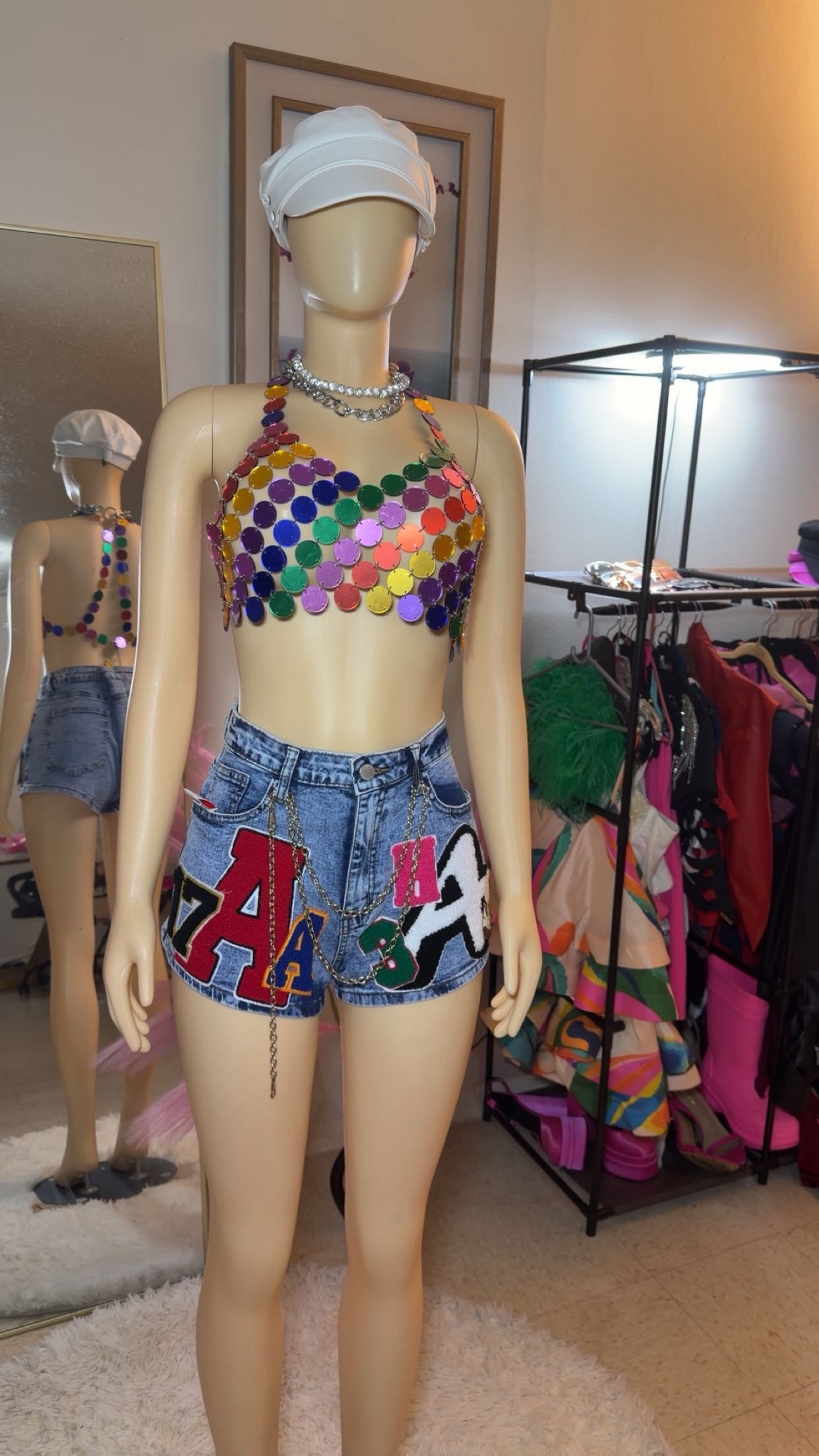 AA monogram print denim shorts