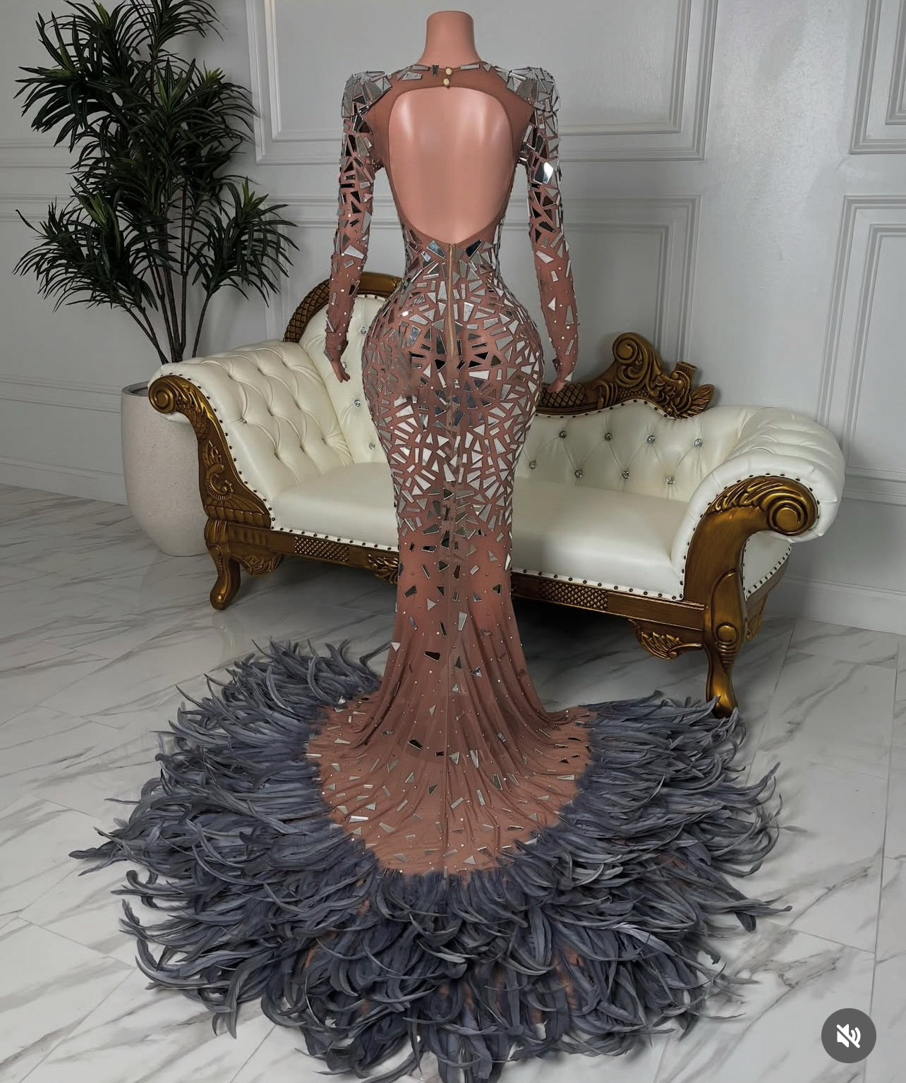 Glassquin mirror glam feathers gown