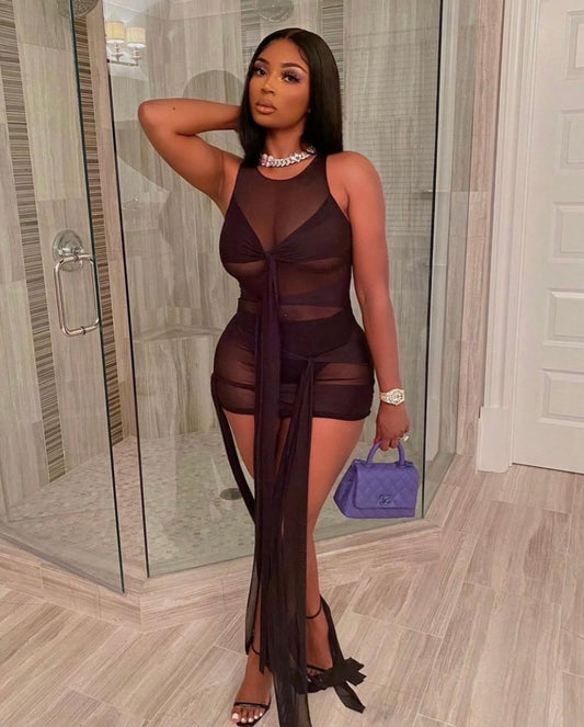 Tresses multi-wrap sheer mini dress
