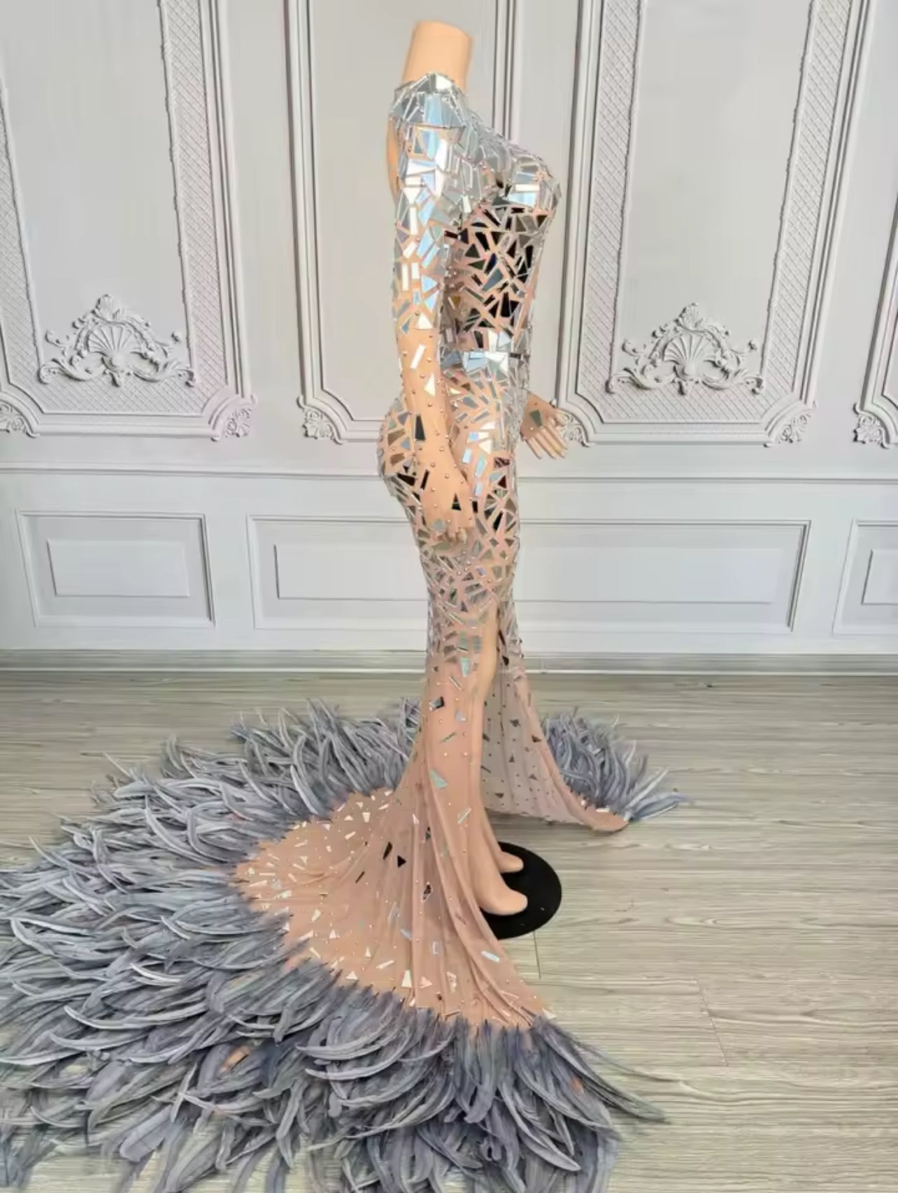 Glassquin mirror glam feathers gown