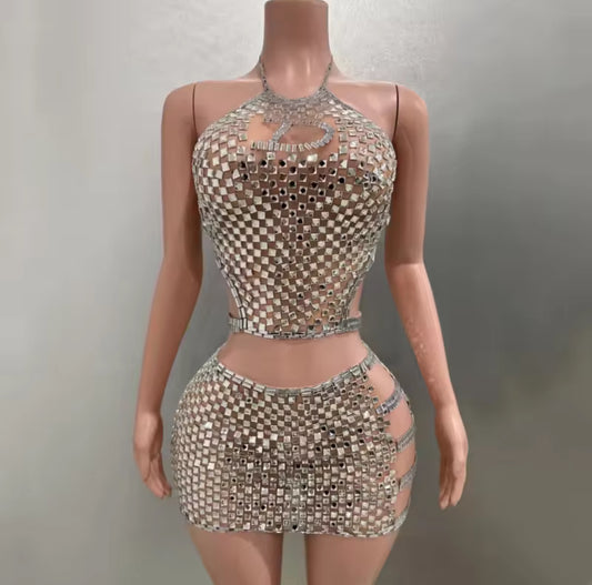 Deizelli diamond studded mini skirt set