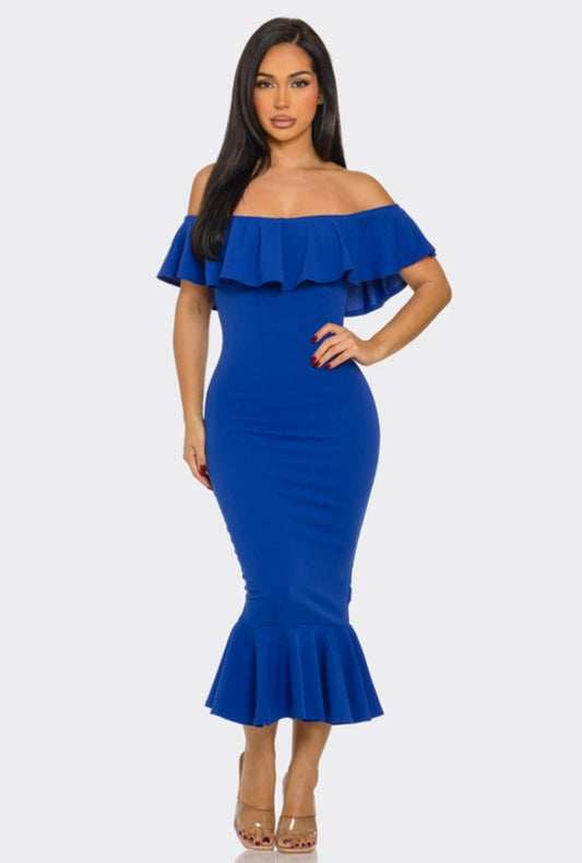 Violli frill off shoulder mid dress