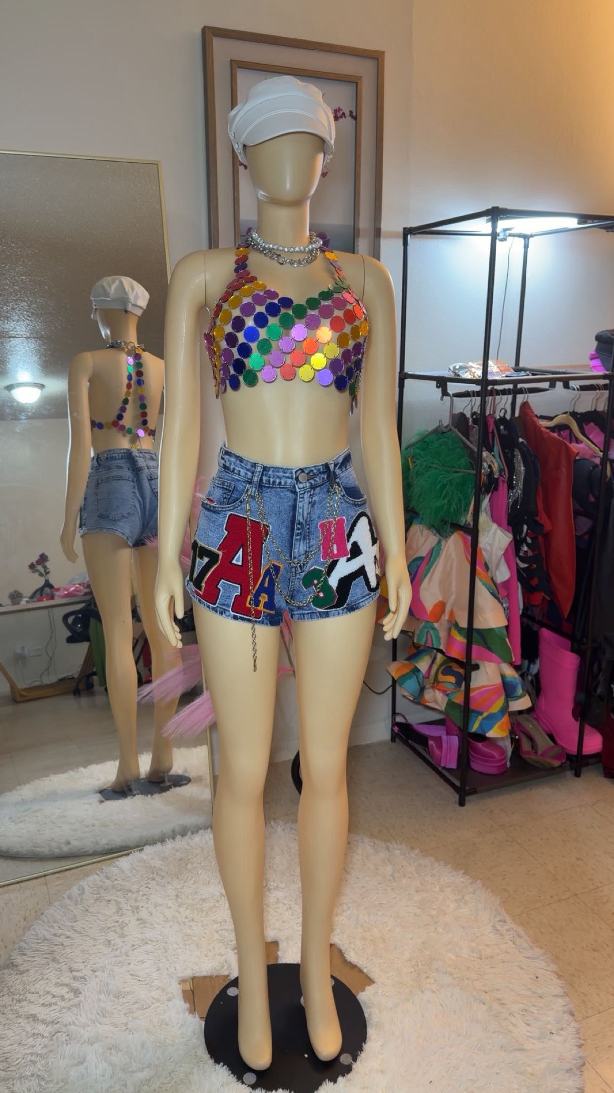 AA monogram print denim shorts