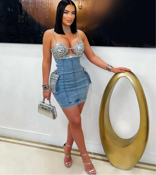 Glorissa jewl crystals denim dress