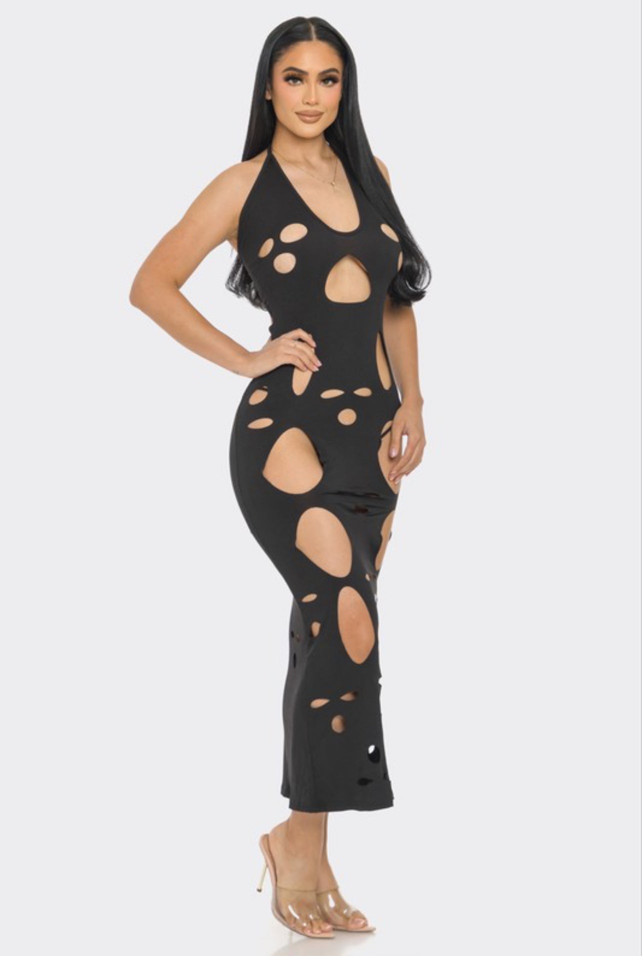 Holes in halter maxi dress