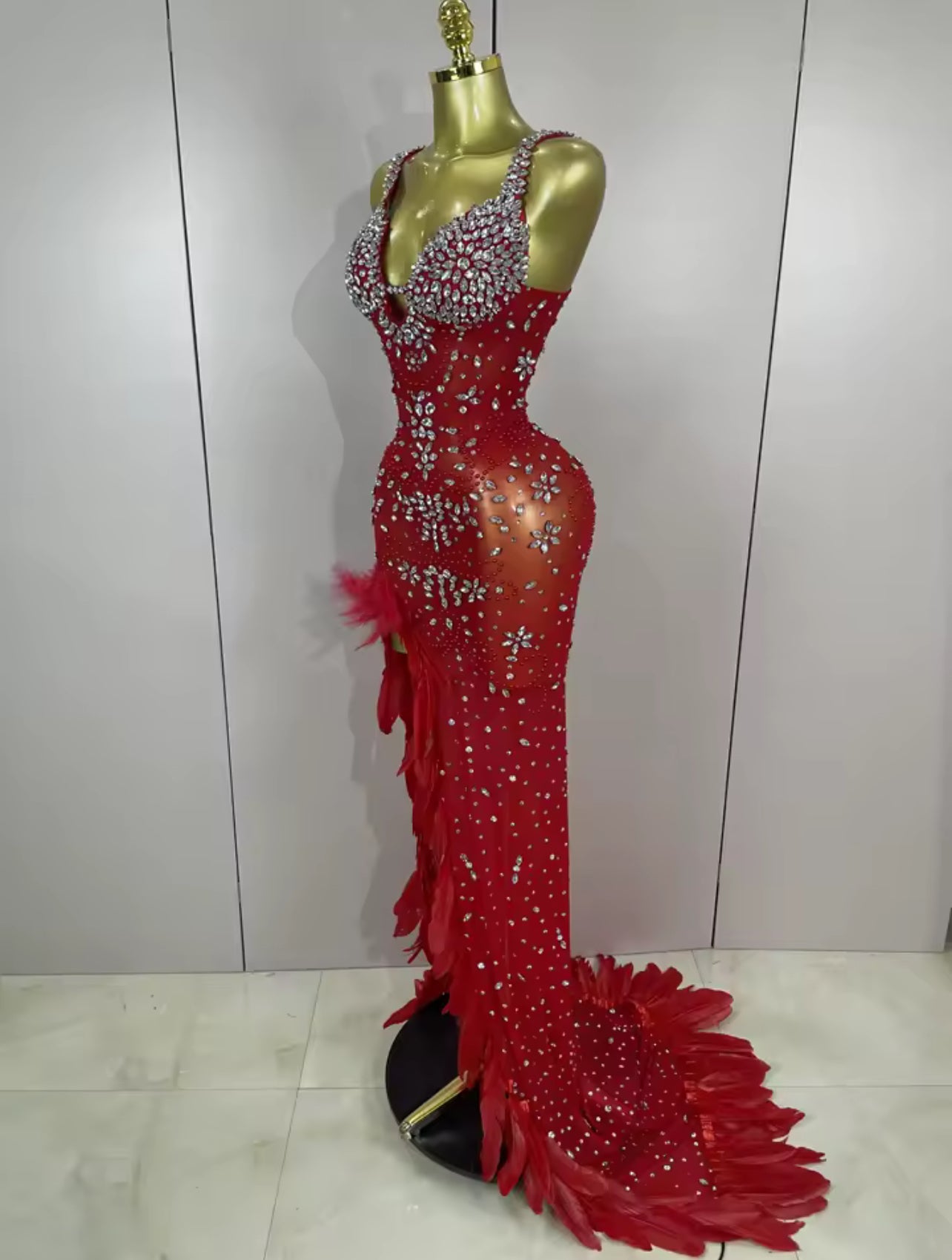 Glamiriq bash embellished feather  gown