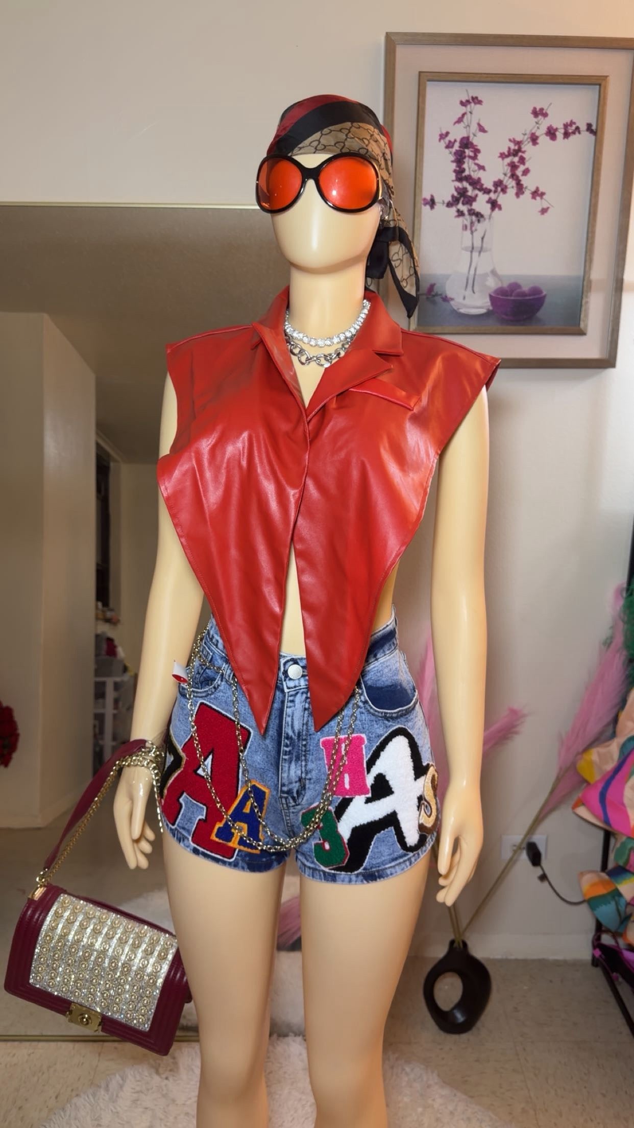 AA monogram print denim shorts