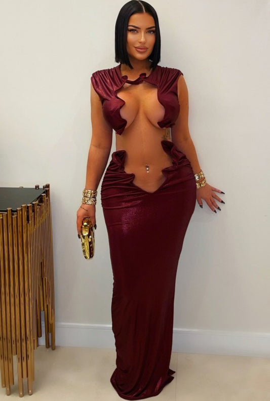 Venus rissle edge skirt set- burgundy