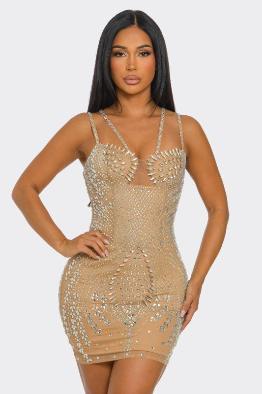 Rezzeltra studded rhinestone mini dress