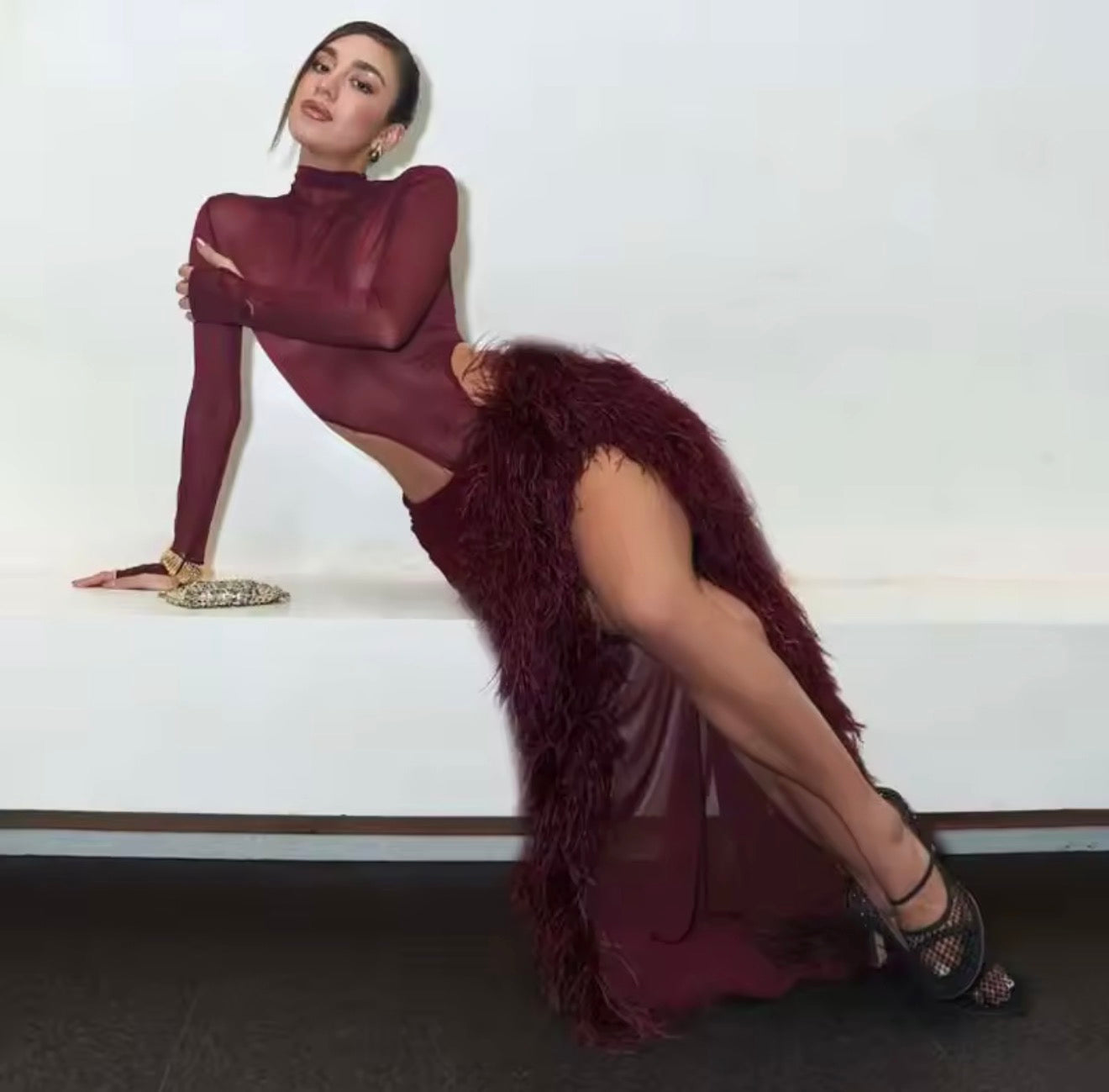 Olandri sheer fur long skirt set