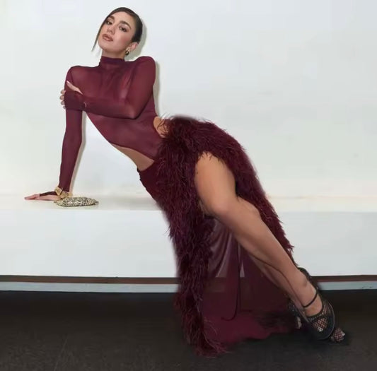 Olandri sheer fur long skirt set