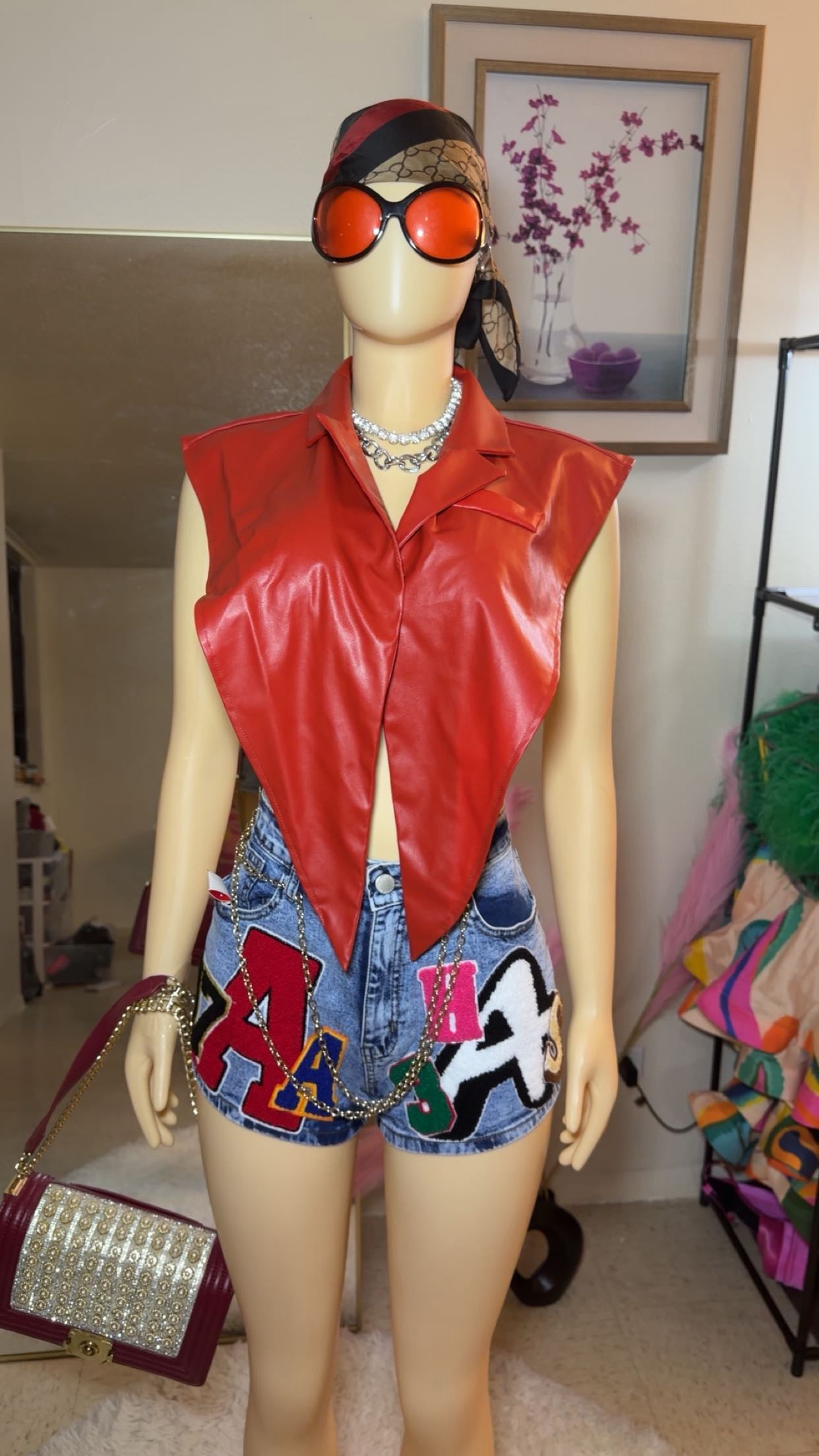 AA monogram print denim shorts