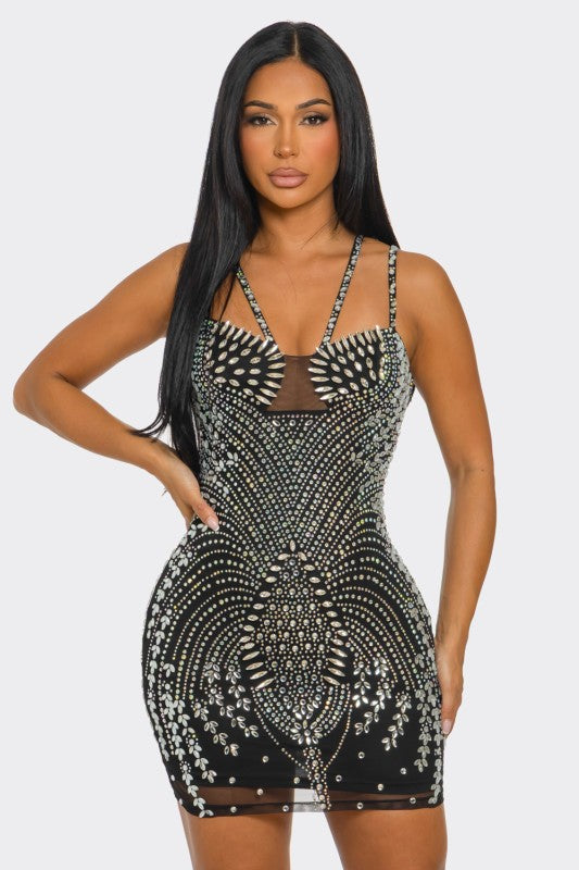 Rezzeltra studded rhinestone mini dress