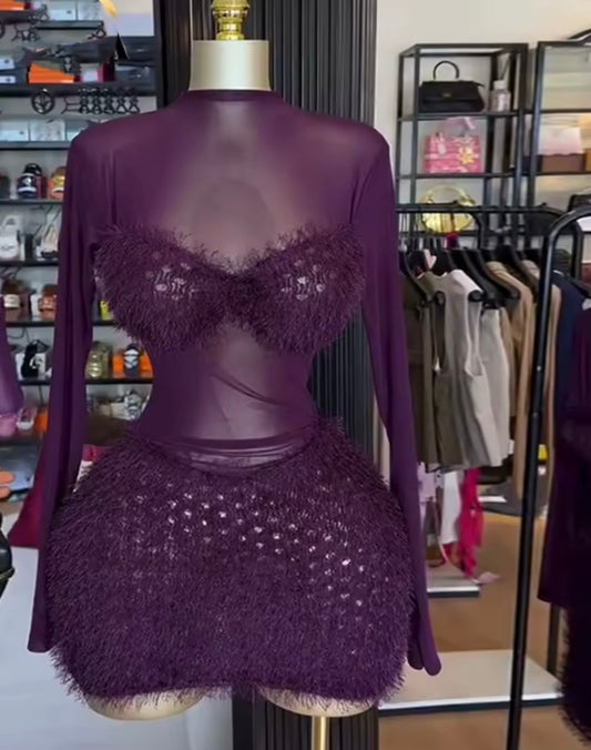 Hersular fur sheer mini dress