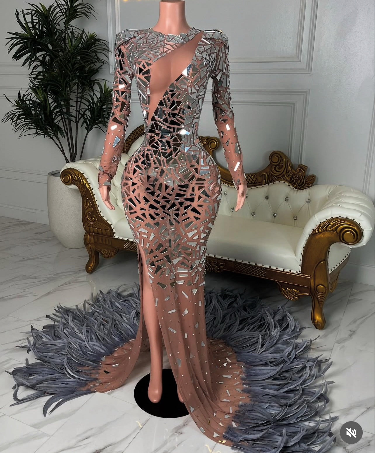 Glassquin mirror glam feathers gown