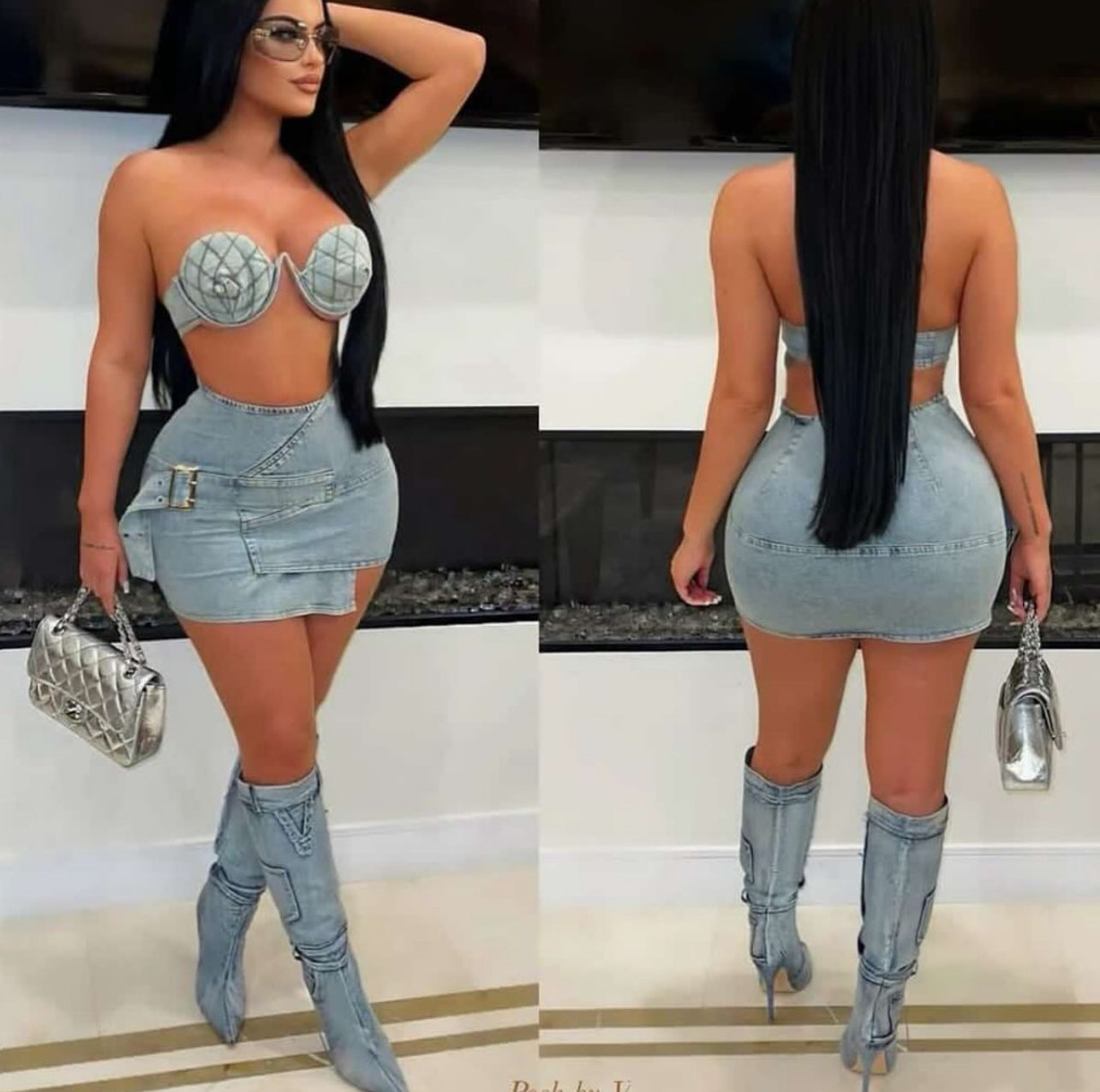 Denim bust girl mini skirt set