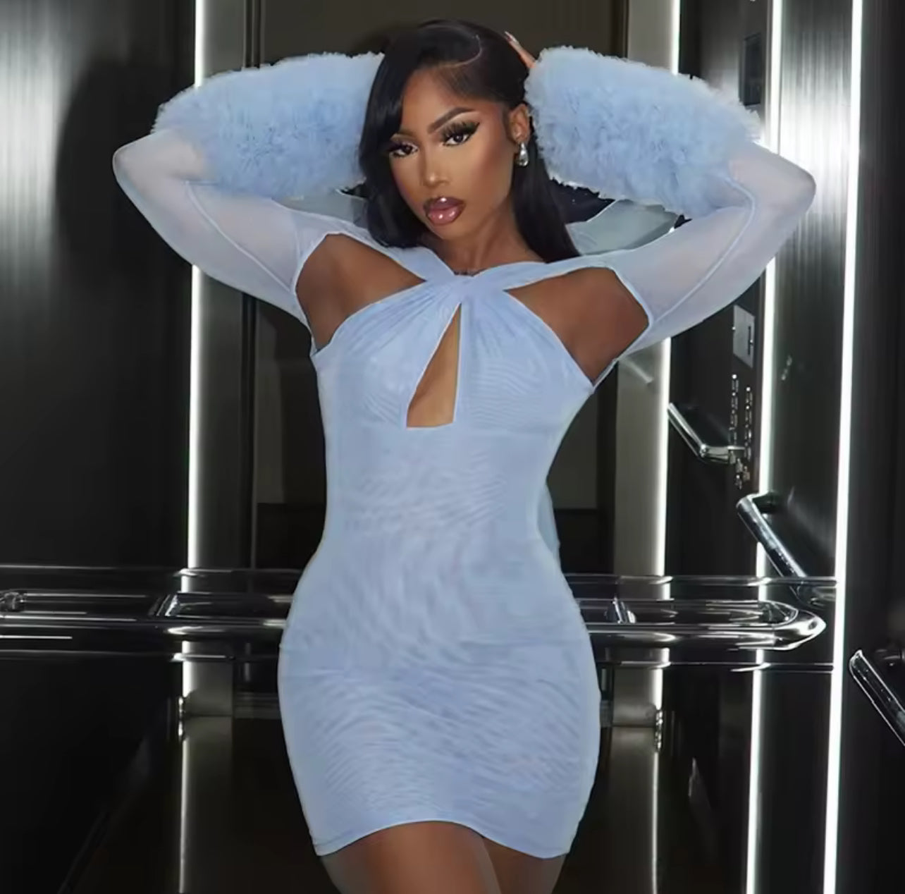 Flairi arm pom sheer mini dress