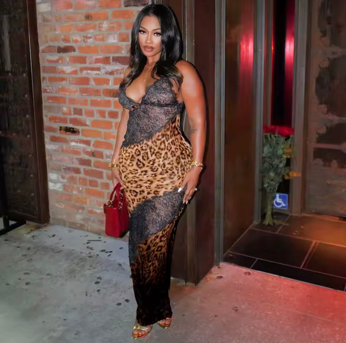 She’s cheetah lace sheer maxi dress