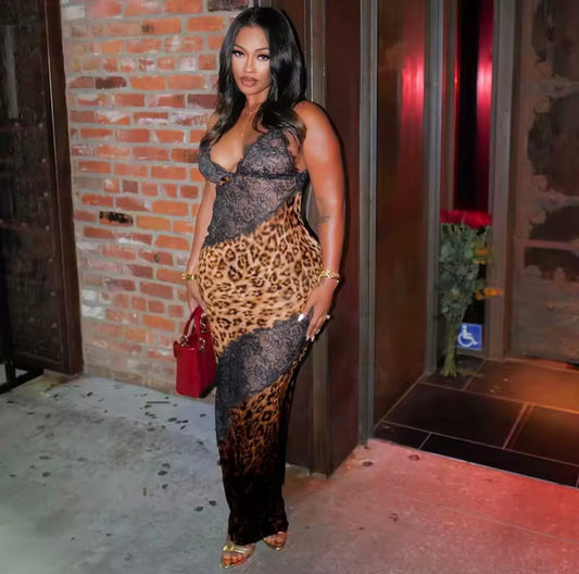 She’s cheetah lace sheer maxi dress