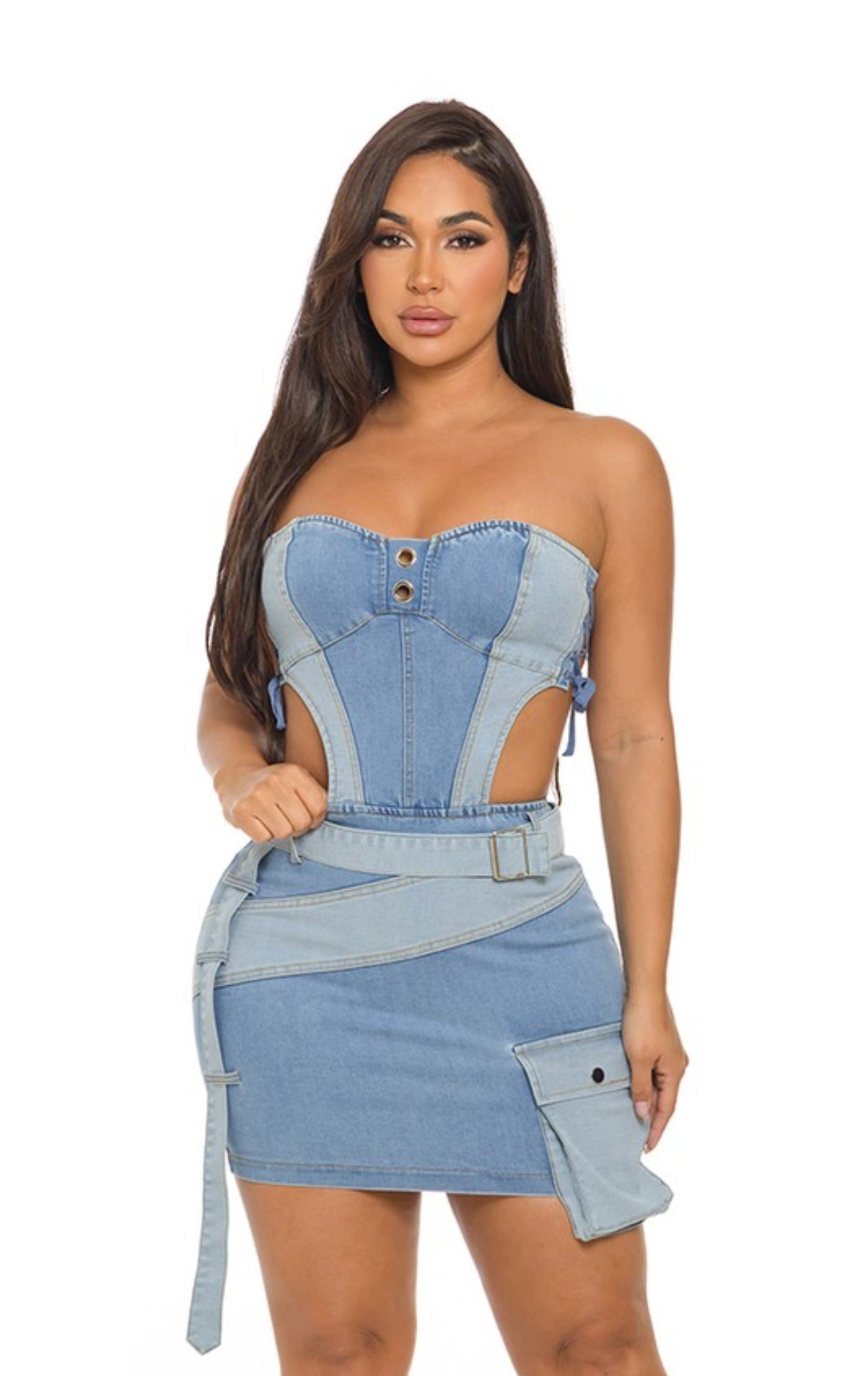 Belted on denim dress