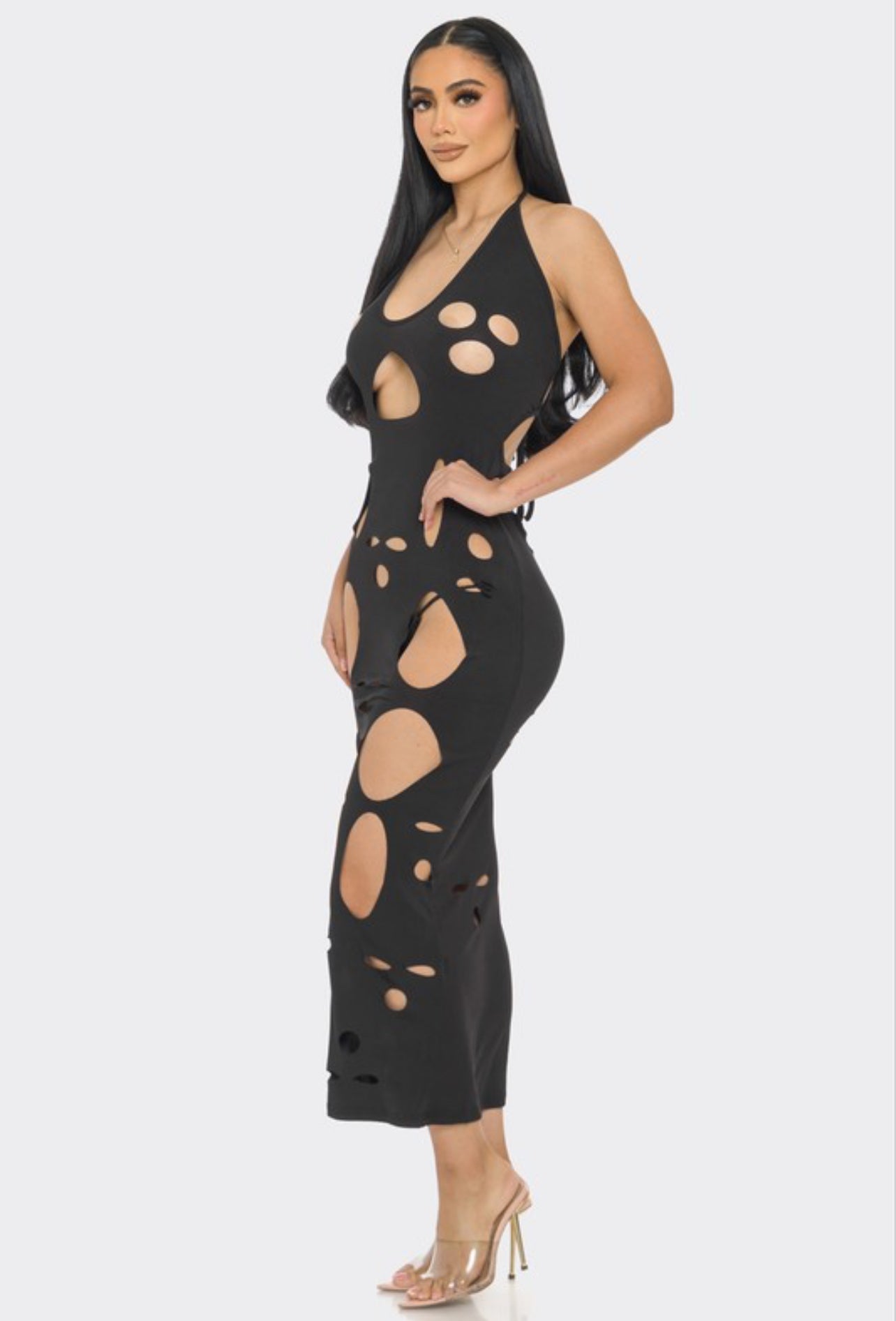 Holes in halter maxi dress