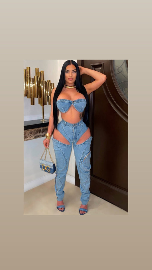 Bandeau cutout denim pants set