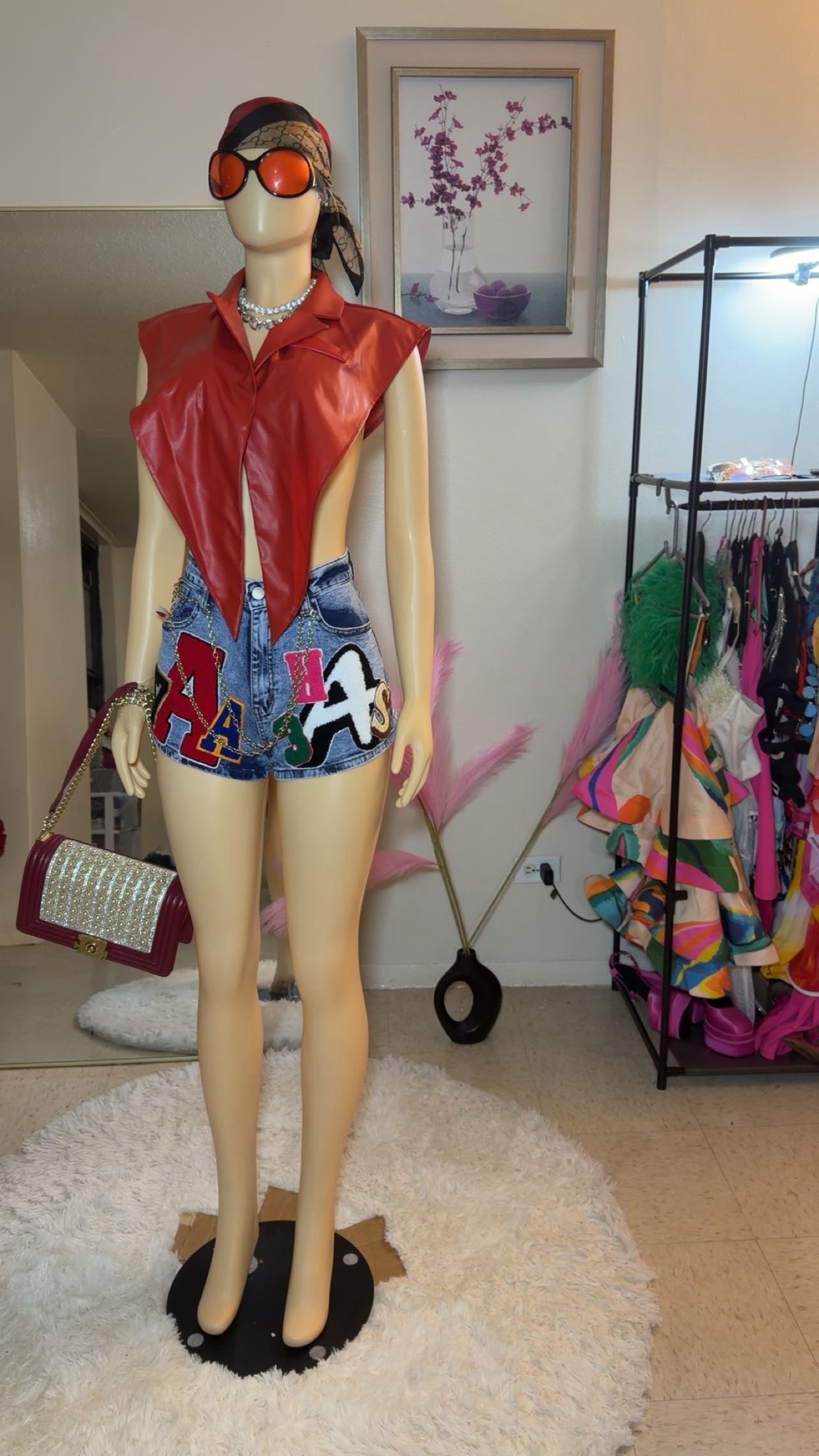 AA monogram print denim shorts