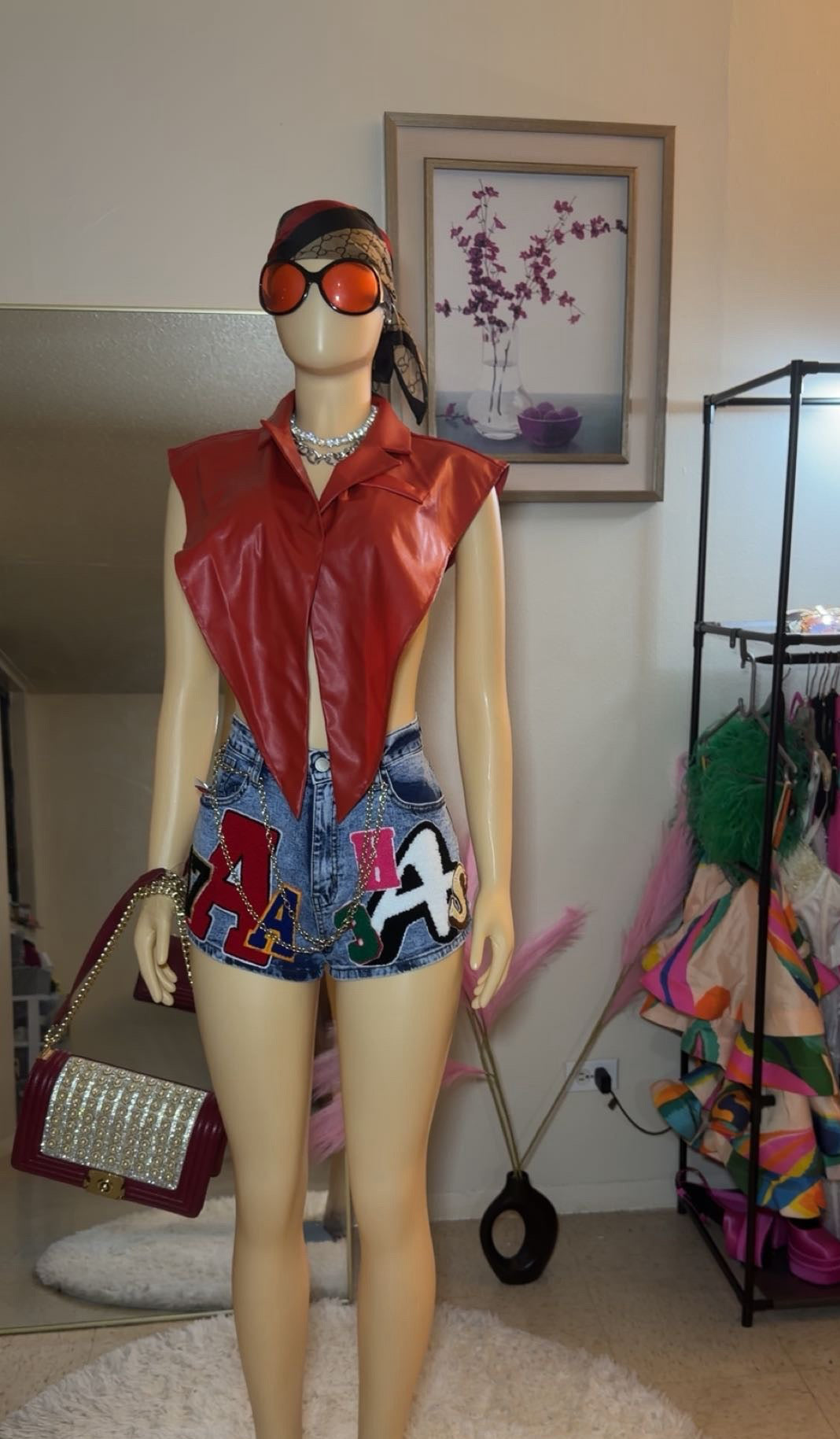 AA monogram print denim shorts