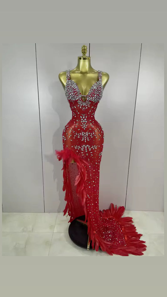 Glamiriq bash embellished feather  gown