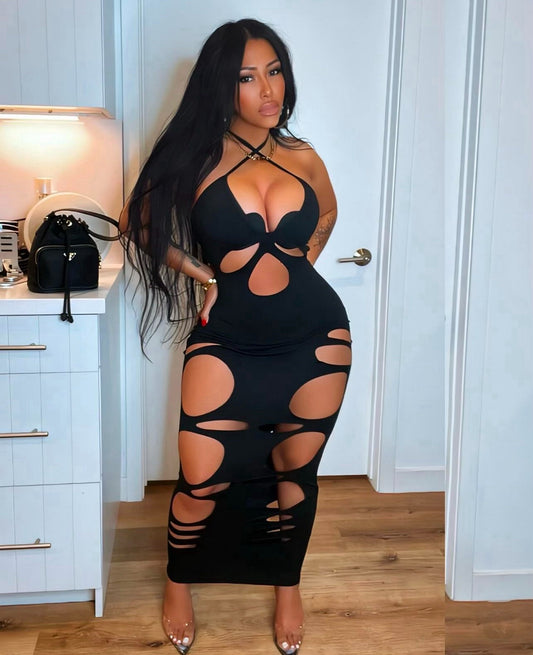 Holes in halter maxi dress