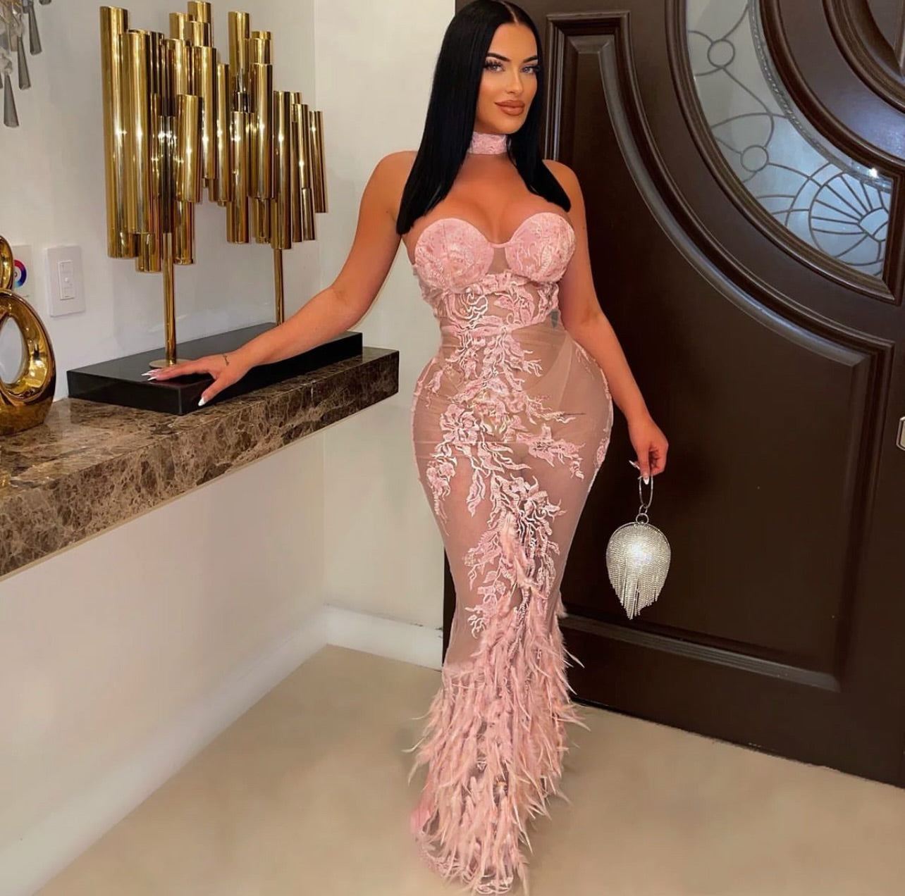 Yashivi frost choker fur gown