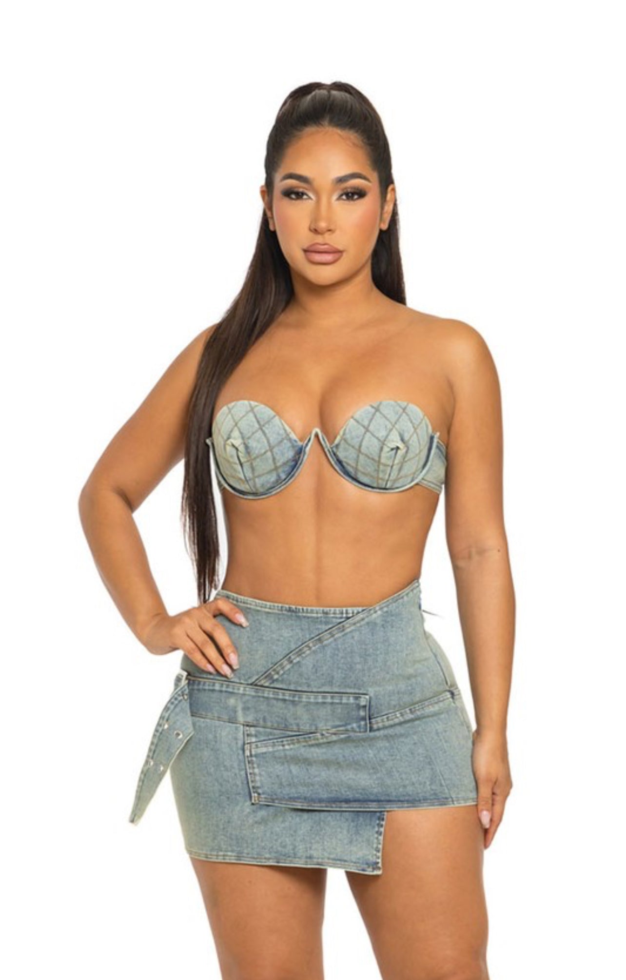 Denim bust girl mini skirt set