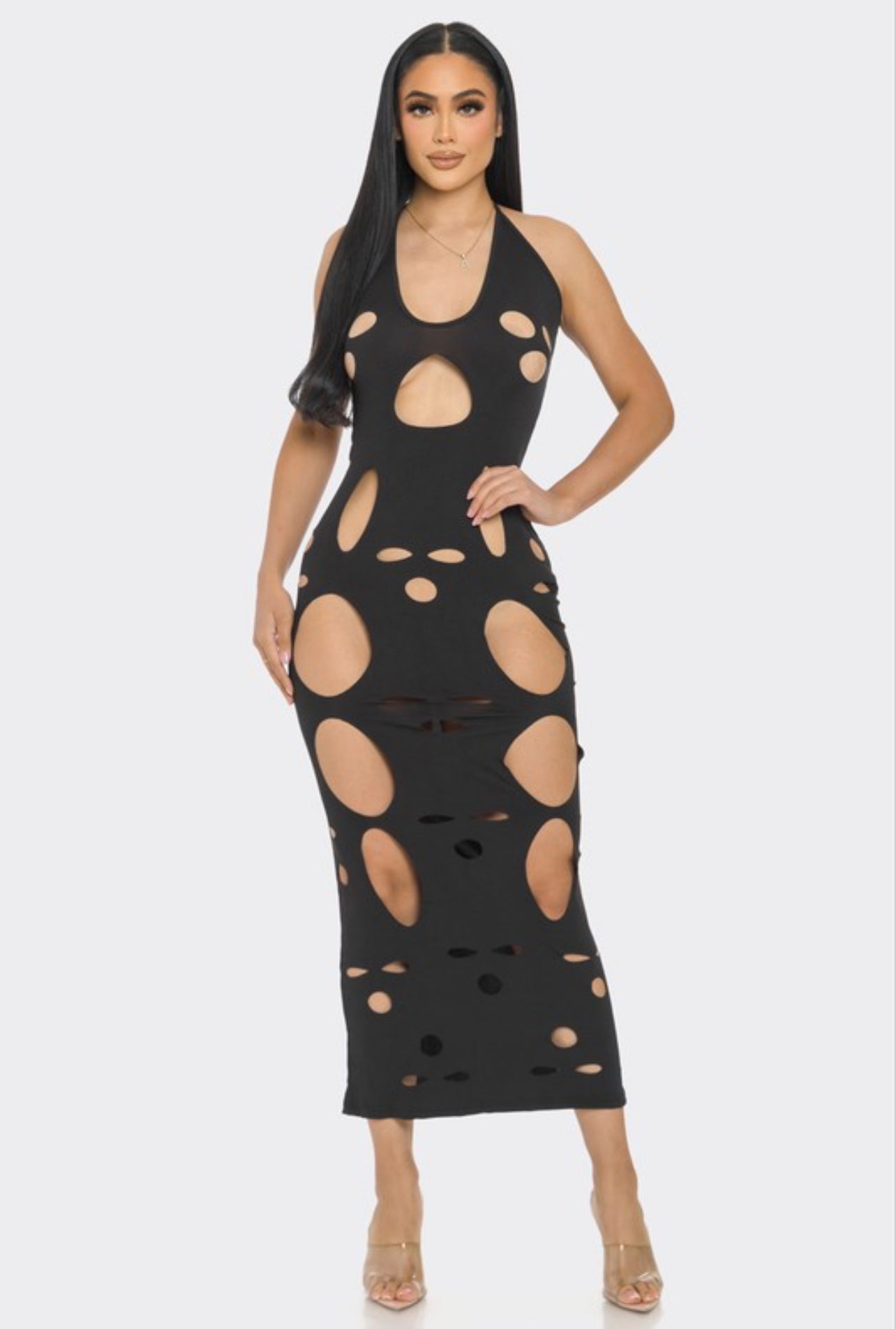 Holes in halter maxi dress